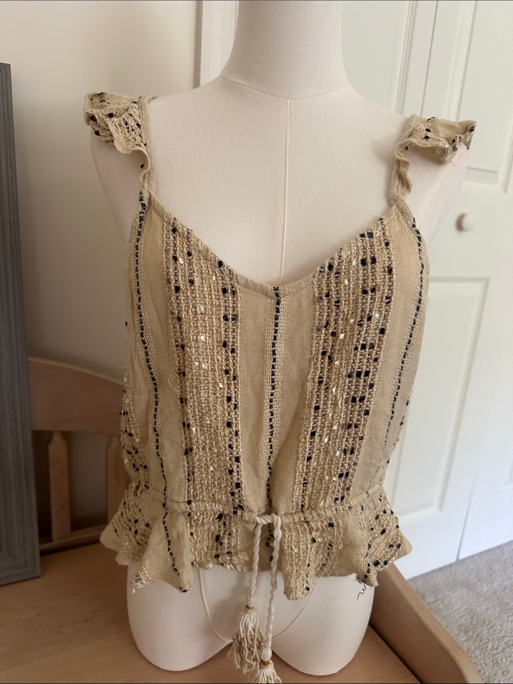 Surf Gypsy Beige Striped Knit Ruffle Cami